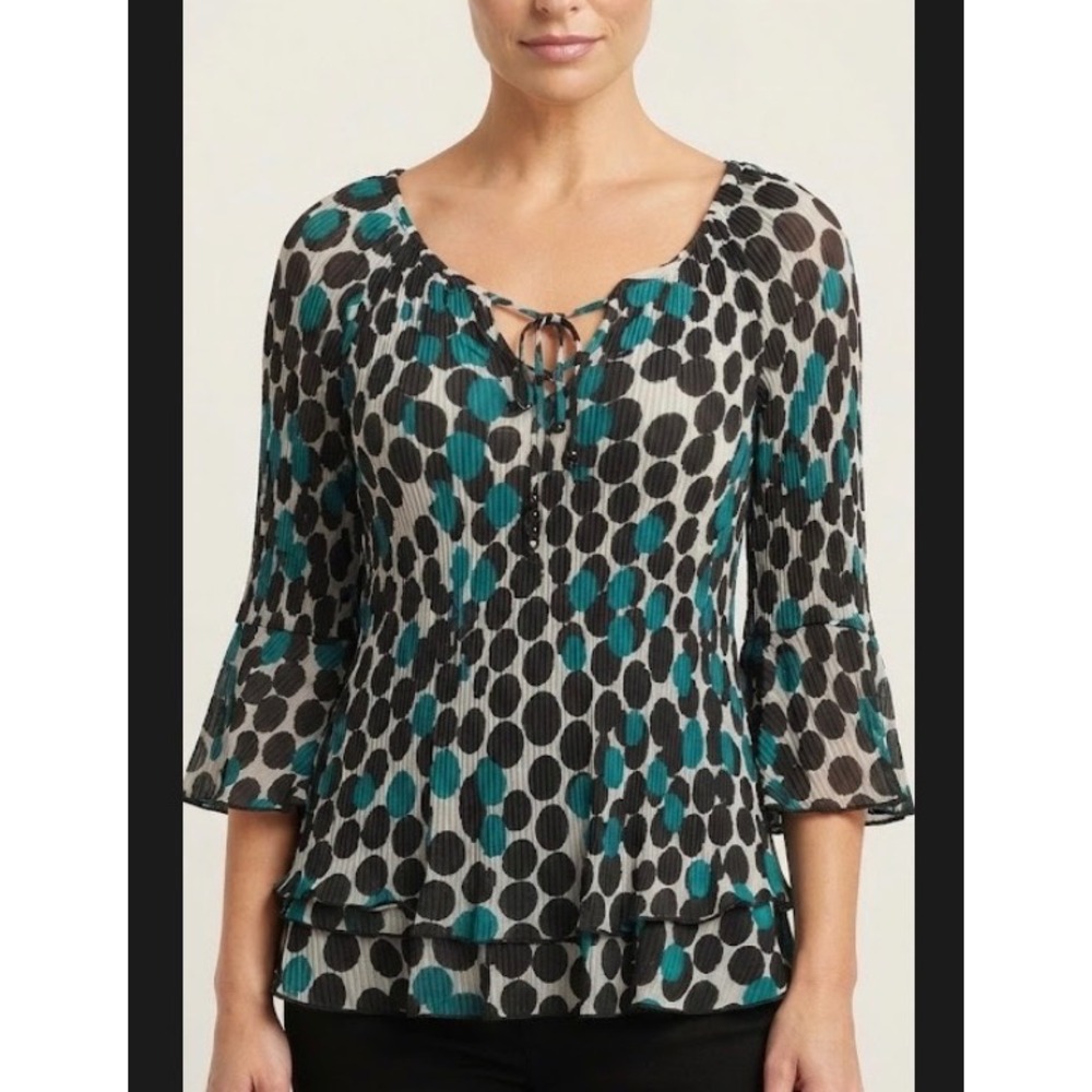Zac & Rachel Teal Black Polka Dot Pleated Bell Sleeve Ruffle Blouse Small NEW